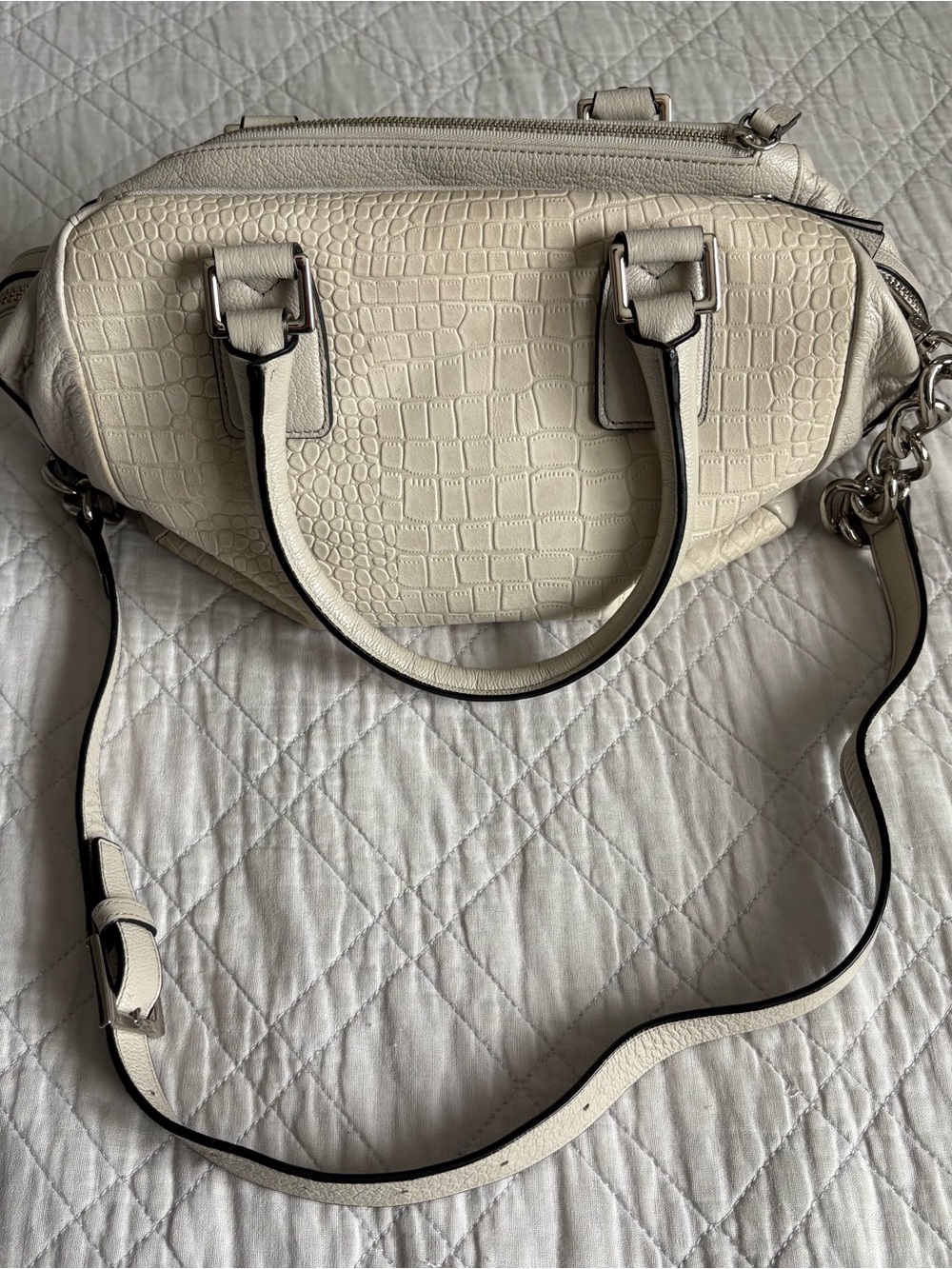 Marc Fisher Cream Croc-Embossed Satchel Bag with Adjustable Strap